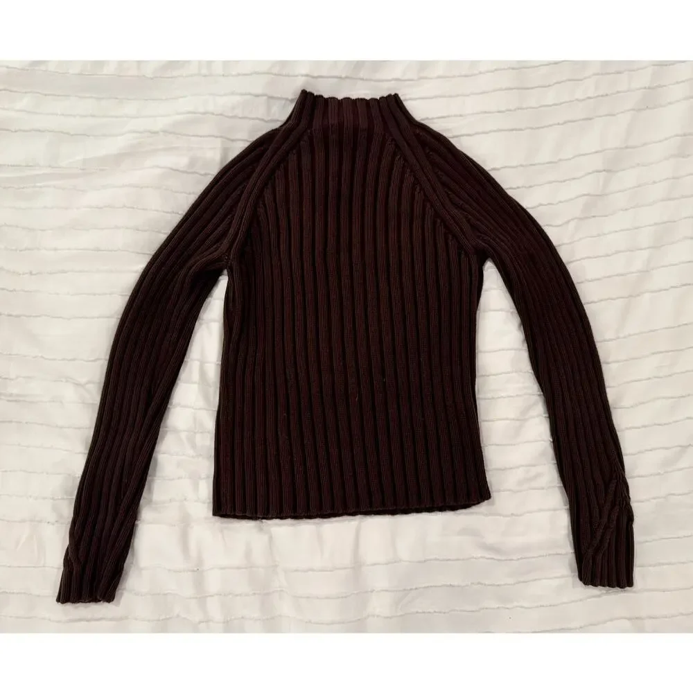 Ribbed Mock Neck Sweater Women's Small Brown Cotton Dark Academia Minimalist - Picture 15 of 16